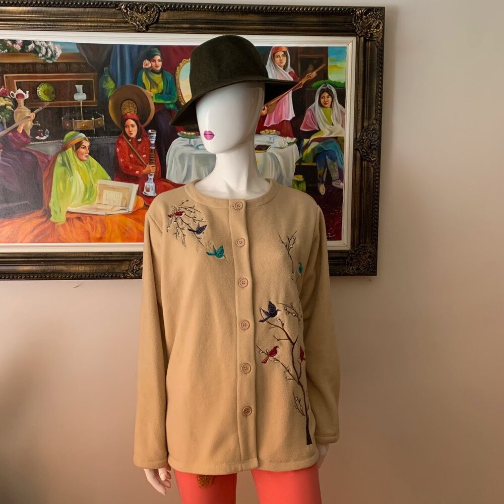Vintage Embroidered Women's Brown/Tan Long Sleeves Button Up Cardigan